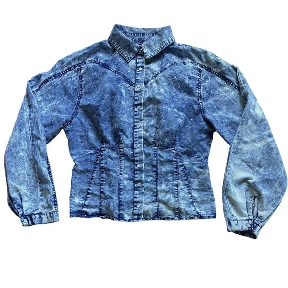 Thrill Jeans Denim Shirt, Medium, Pearl Snap‎ 80's Acid Washed Western Smocking - Picture 7 of 12